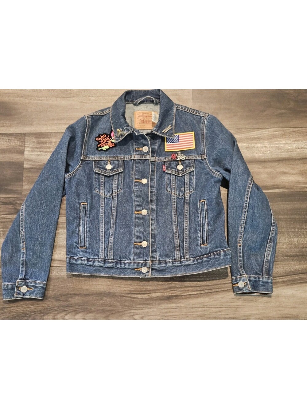 Vintage Levi's Denim Harley Davidson Motorcycles Biker Patches Pin Small Petite